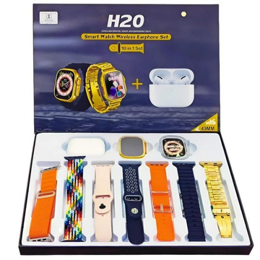 H20 Ultra Smartwatch 10 In 1 Ultra Smart Watch With ( 7 Straps + Silicone Case + Earbuds ) Full Hd Display High Quality Watch