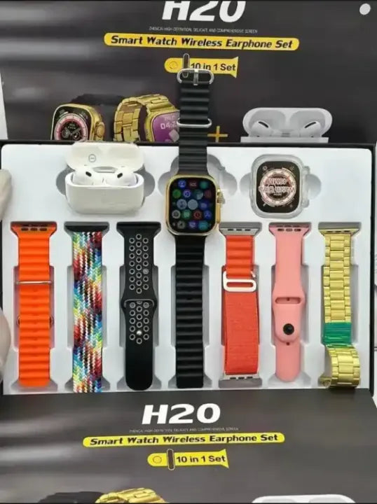 H20 Ultra Smartwatch 10 In 1 Ultra Smart Watch With ( 7 Straps + Silicone Case + Earbuds ) Full Hd Display High Quality Watch